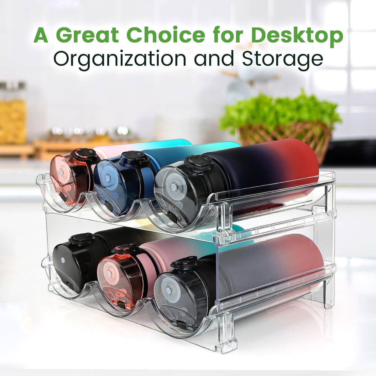 Versatile 2-Pack Water Bottle Organizer - Maximize Your Storage with Stackable Racks for Cabinets and Refrigerators