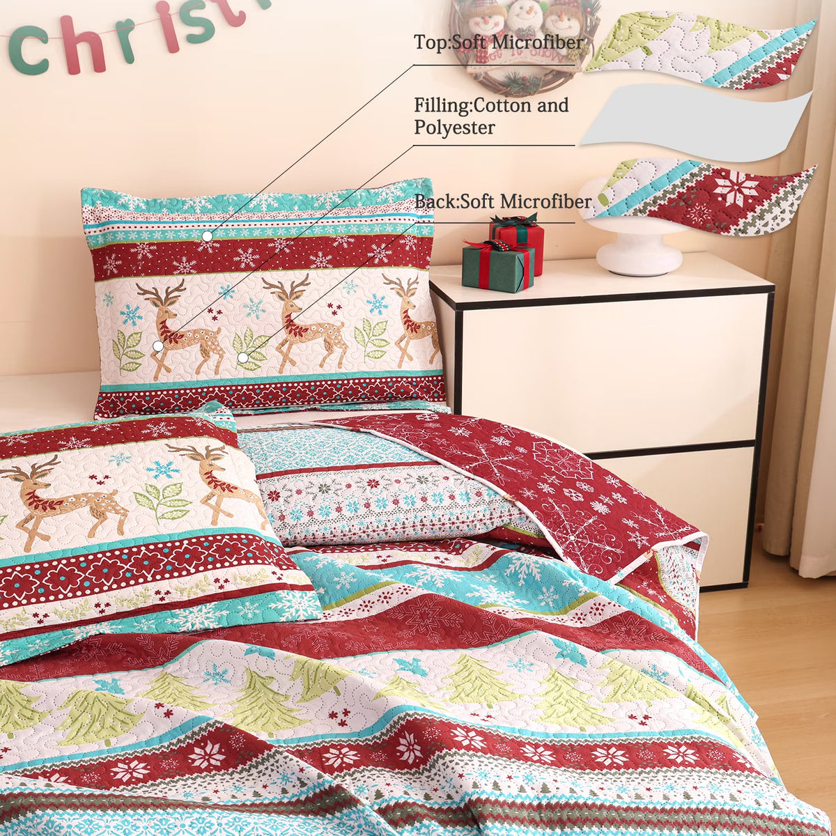 Christmas Quilt Set Queen/Full Size Rustic Holiday Bedding Set Red Blue Deer Cabin Lodge Quilt Lightweight Soft Microfiber Xmas Bedspread Coverlet Christmas Gift with 2 Pillowcases