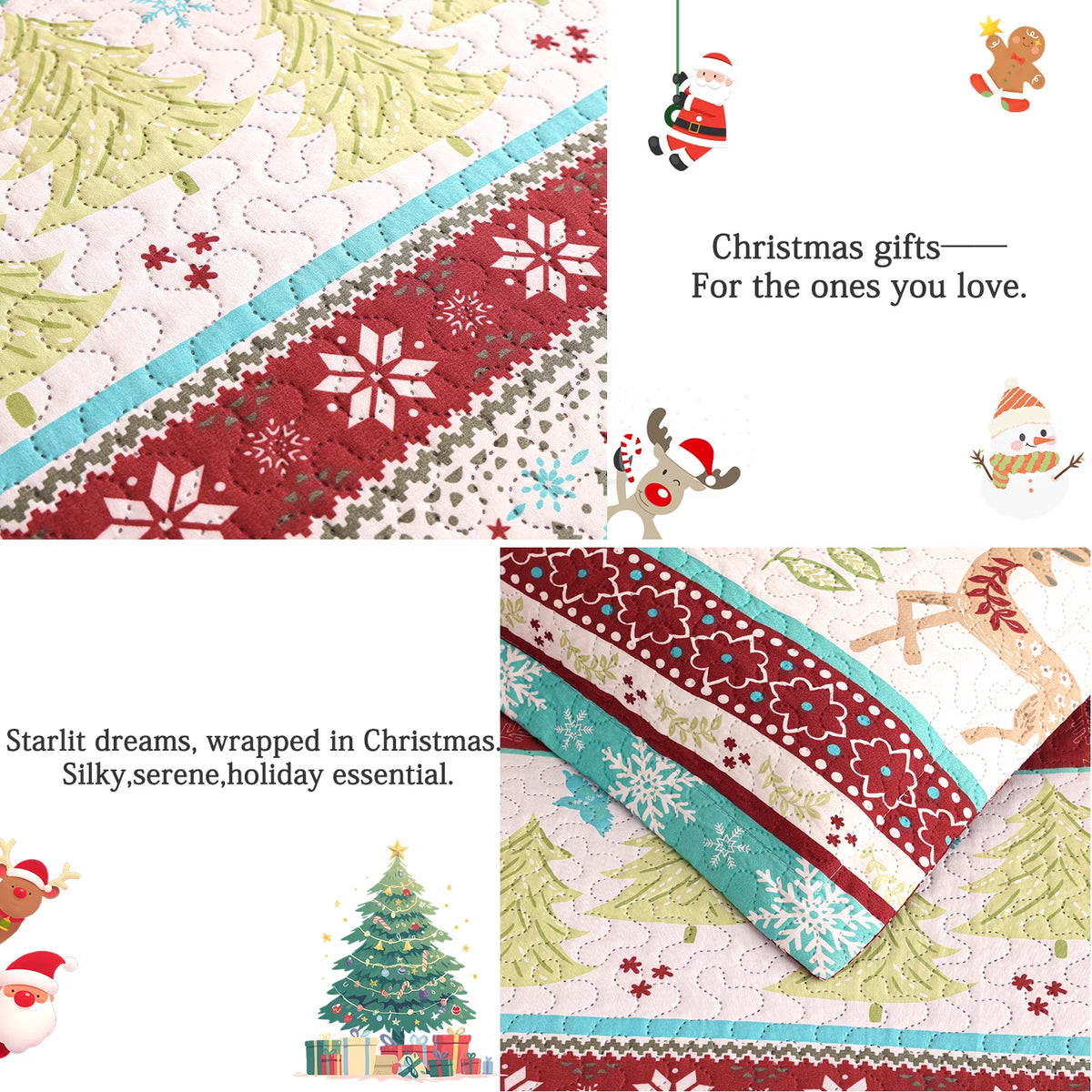 Christmas Quilt Set Queen/Full Size Rustic Holiday Bedding Set Red Blue Deer Cabin Lodge Quilt Lightweight Soft Microfiber Xmas Bedspread Coverlet Christmas Gift with 2 Pillowcases