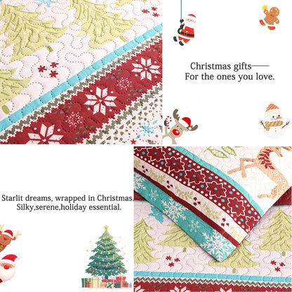 Christmas Quilt Set Queen/Full Size Rustic Holiday Bedding Set Red Blue Deer Cabin Lodge Quilt Lightweight Soft Microfiber Xmas Bedspread Coverlet Christmas Gift with 2 Pillowcases
