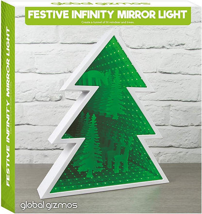 Xmas Tree Wall Mount Infinity Mirror Light with Reindeer Scene, Green