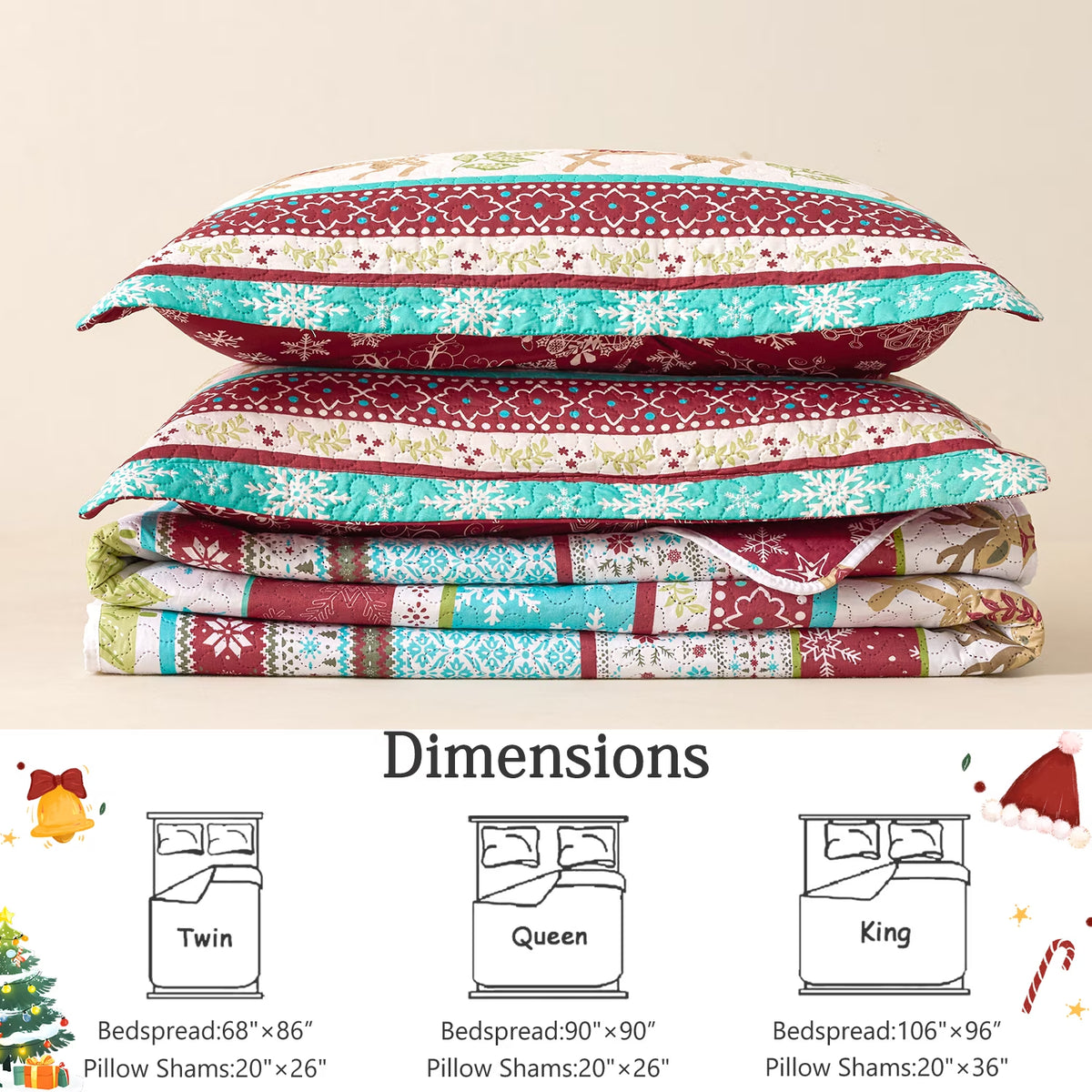 Christmas Quilt Set Queen/Full Size Rustic Holiday Bedding Set Red Blue Deer Cabin Lodge Quilt Lightweight Soft Microfiber Xmas Bedspread Coverlet Christmas Gift with 2 Pillowcases