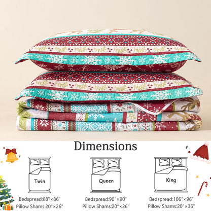 Christmas Quilt Set Queen/Full Size Rustic Holiday Bedding Set Red Blue Deer Cabin Lodge Quilt Lightweight Soft Microfiber Xmas Bedspread Coverlet Christmas Gift with 2 Pillowcases