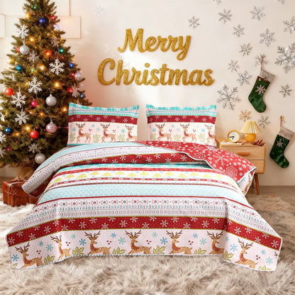 Christmas Quilt Set Queen/Full Size Rustic Holiday Bedding Set Red Blue Deer Cabin Lodge Quilt Lightweight Soft Microfiber Xmas Bedspread Coverlet Christmas Gift with 2 Pillowcases