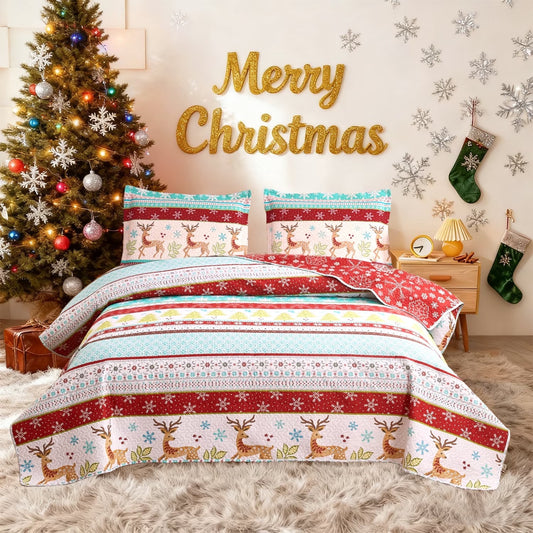 Christmas Quilt Set Queen/Full Size Rustic Holiday Bedding Set Red Blue Deer Cabin Lodge Quilt Lightweight Soft Microfiber Xmas Bedspread Coverlet Christmas Gift with 2 Pillowcases