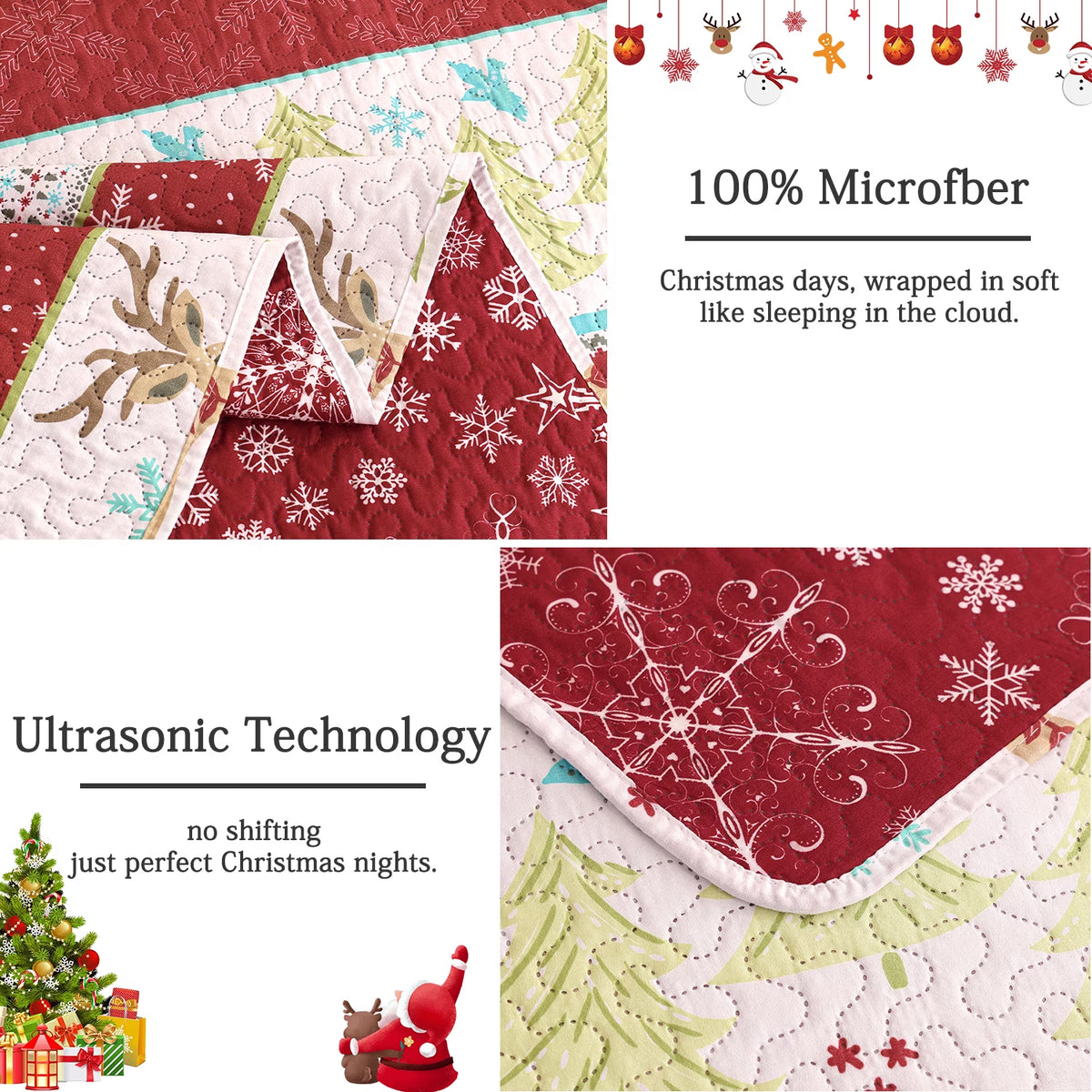 Christmas Quilt Set Queen/Full Size Rustic Holiday Bedding Set Red Blue Deer Cabin Lodge Quilt Lightweight Soft Microfiber Xmas Bedspread Coverlet Christmas Gift with 2 Pillowcases