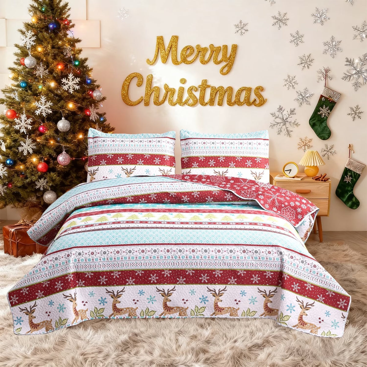 Christmas Quilt Set Queen/Full Size Rustic Holiday Bedding Set Red Blue Deer Cabin Lodge Quilt Lightweight Soft Microfiber Xmas Bedspread Coverlet Christmas Gift with 2 Pillowcases