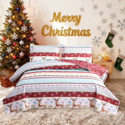 Christmas Quilt Set Queen/Full Size Rustic Holiday Bedding Set Red Blue Deer Cabin Lodge Quilt Lightweight Soft Microfiber Xmas Bedspread Coverlet Christmas Gift with 2 Pillowcases