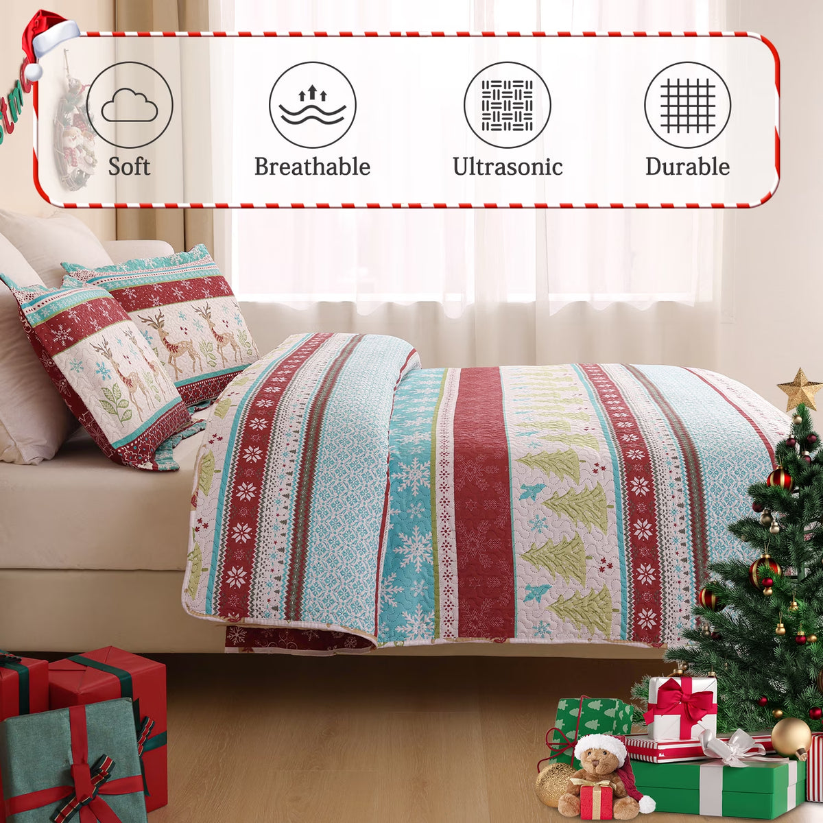 Christmas Quilt Set Queen/Full Size Rustic Holiday Bedding Set Red Blue Deer Cabin Lodge Quilt Lightweight Soft Microfiber Xmas Bedspread Coverlet Christmas Gift with 2 Pillowcases