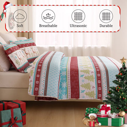 Christmas Quilt Set Queen/Full Size Rustic Holiday Bedding Set Red Blue Deer Cabin Lodge Quilt Lightweight Soft Microfiber Xmas Bedspread Coverlet Christmas Gift with 2 Pillowcases