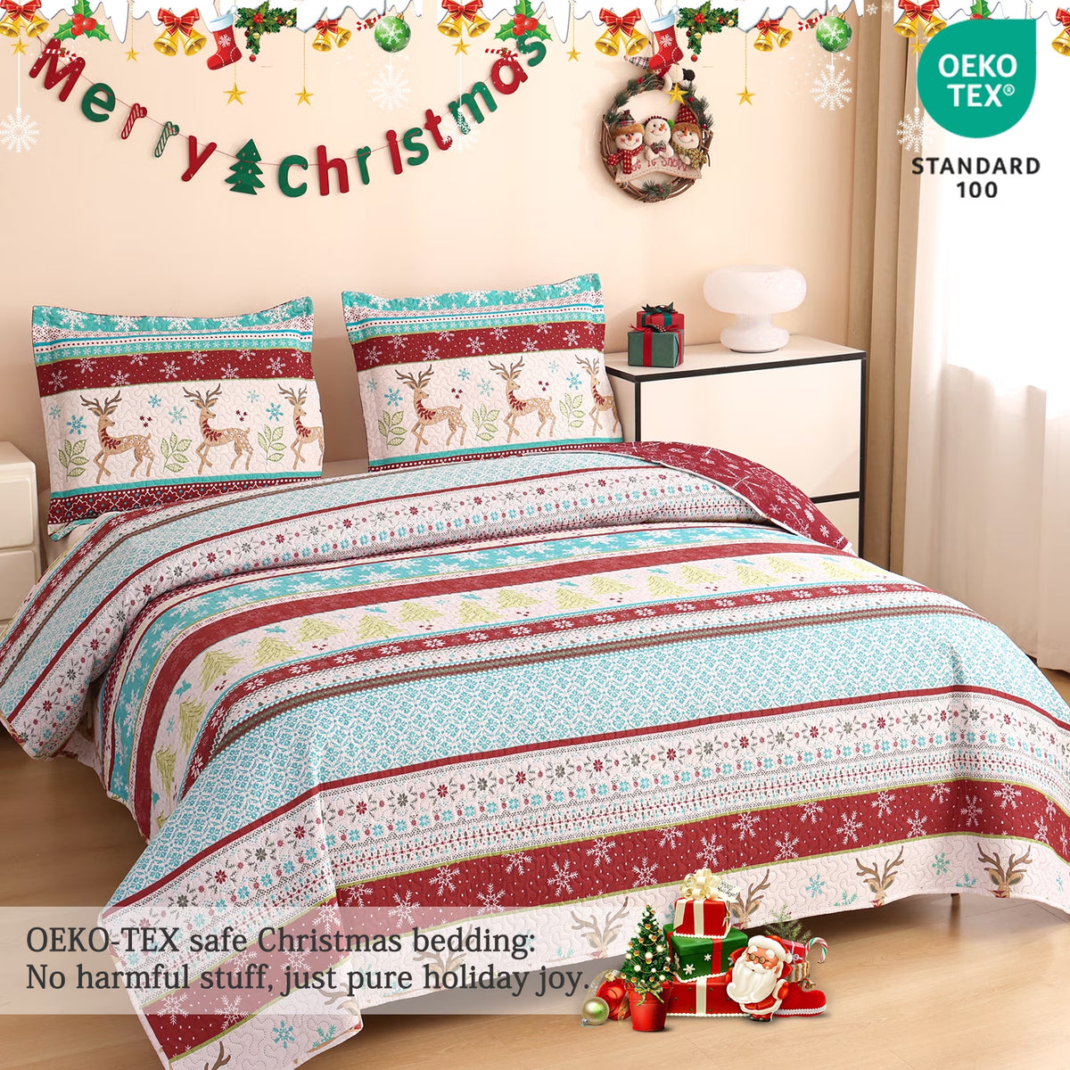 Christmas Quilt Set Queen/Full Size Rustic Holiday Bedding Set Red Blue Deer Cabin Lodge Quilt Lightweight Soft Microfiber Xmas Bedspread Coverlet Christmas Gift with 2 Pillowcases