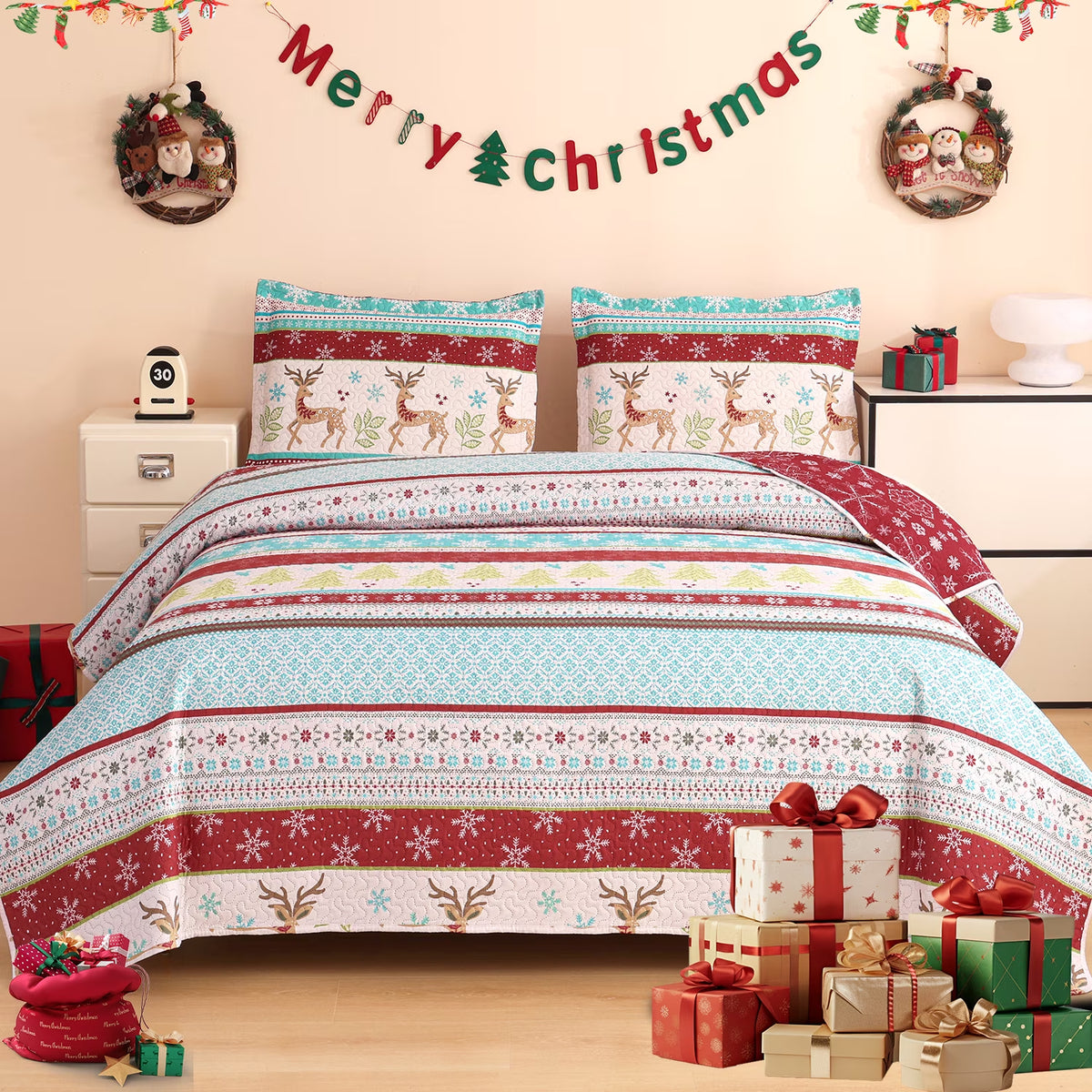 Christmas Quilt Set Queen/Full Size Rustic Holiday Bedding Set Red Blue Deer Cabin Lodge Quilt Lightweight Soft Microfiber Xmas Bedspread Coverlet Christmas Gift with 2 Pillowcases