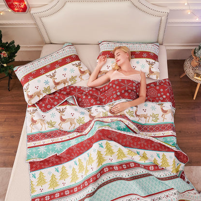 Christmas Quilt Set Queen/Full Size Rustic Holiday Bedding Set Red Blue Deer Cabin Lodge Quilt Lightweight Soft Microfiber Xmas Bedspread Coverlet Christmas Gift with 2 Pillowcases