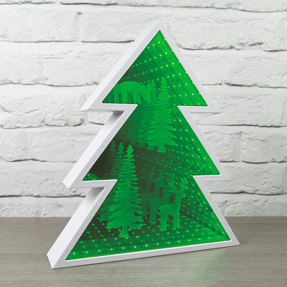 Xmas Tree Wall Mount Infinity Mirror Light with Reindeer Scene, Green