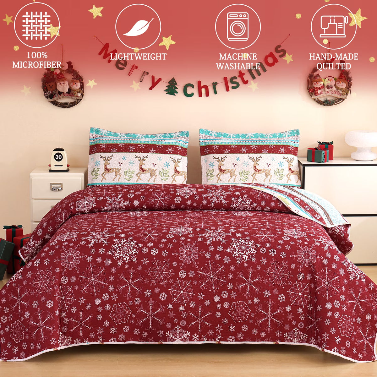 Christmas Quilt Set Queen/Full Size Rustic Holiday Bedding Set Red Blue Deer Cabin Lodge Quilt Lightweight Soft Microfiber Xmas Bedspread Coverlet Christmas Gift with 2 Pillowcases